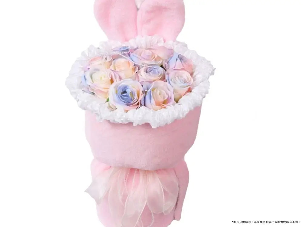 11枝幻彩玫瑰配粉紅兔仔包裝